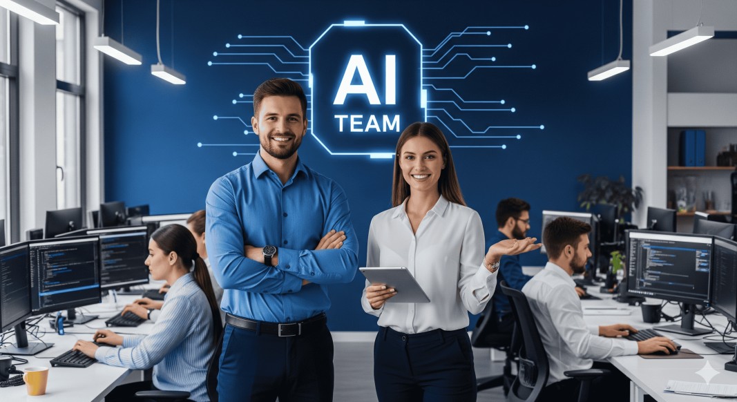 Male and female AI developers smile in a modern office, with an "AI Team" sign on the wall.