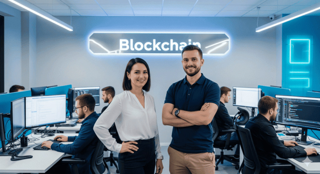 two engineer one male one female standing in the blockchain department of the company, on the wall blockchain signage pasted whle other developer coding in the bacground coding