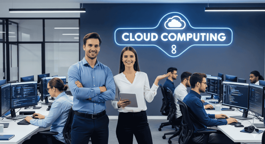 Cloud Engineer male and female resenting cloud service standing in the cloud service development team, in background developers coding and on wall cloud computing signage is pasted