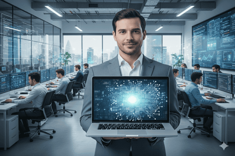 A software Engineer standing in a office and in the background other developer are coding while seating on their desk