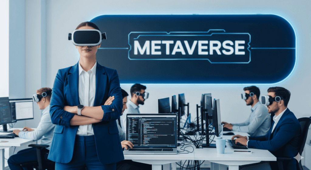 Female Metaverse Engineer standing in modern office representing metaverse services while wearign VR headsets, behind metaverse enginers are coding and on the backwall of office there is signage of metaverse