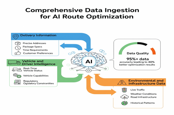 Detailed flowchart showing data ingestion, AI processing, and real-time optimization with specific examples and metrics
