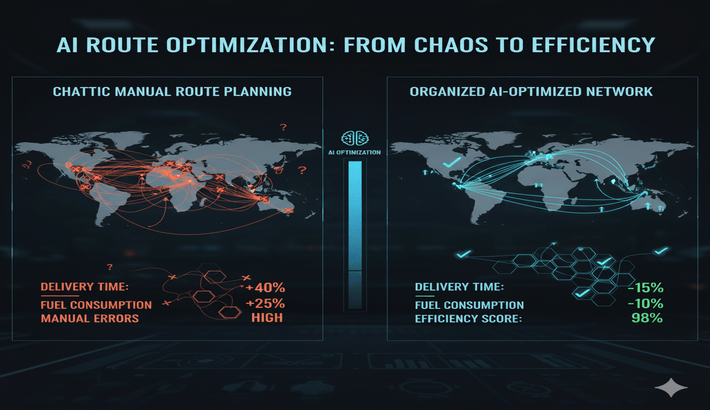 Split-screen showing chaotic traditional manual route planning versus organized AI-optimized delivery network with efficiency metrics
