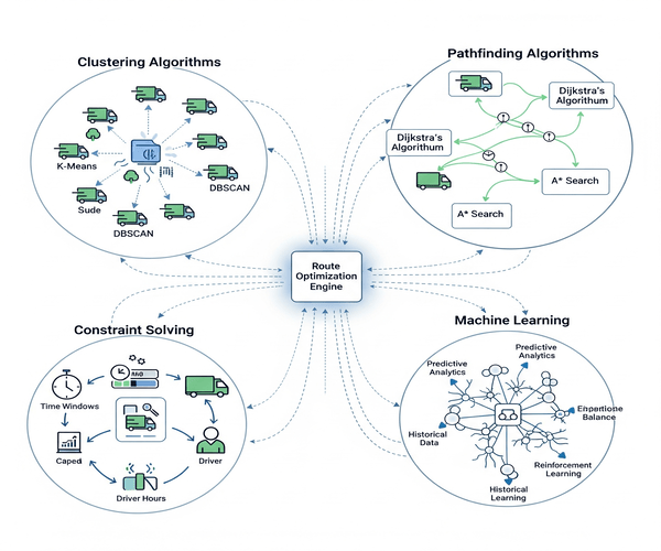 Network diagram showing different AI algorithms (clustering, pathfinding, constraint solving, machine learning) processing route optimization simultaneously