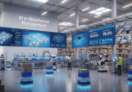 Modern warehouse with AI-powered robots, automated systems, and digital displays showing real-time inventory and efficiency metrics