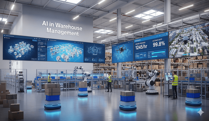 Modern warehouse with AI-powered robots, automated systems, and digital displays showing real-time inventory and efficiency metrics