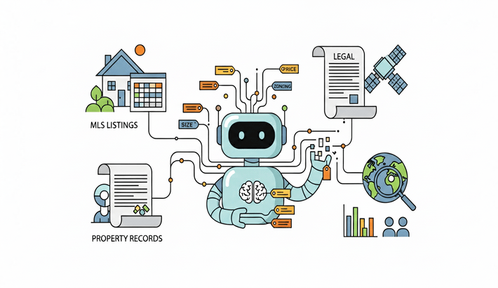 AI use data collection and labeling process, collects data of property from multiple listing services (MLS), Public records, leagl records, satelite imageries etc