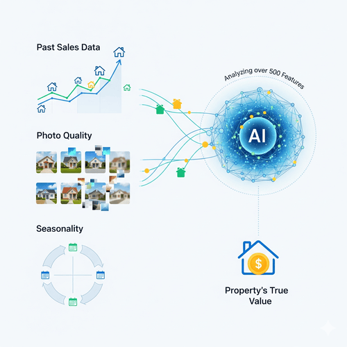 AI predicts property's true value by analyizing 500+ parameters like past sales data, present properties image qualirt, seasonability etc.