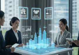 real estate experts 2 male 2 female are discusing AI inreal estate while real este projects building presentation