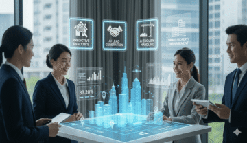 real estate experts 2 male 2 female are discusing AI inreal estate while real este projects building presentation