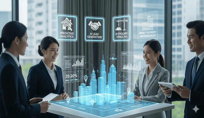 real estate experts 2 male 2 female are discusing AI inreal estate while real este projects building presentation