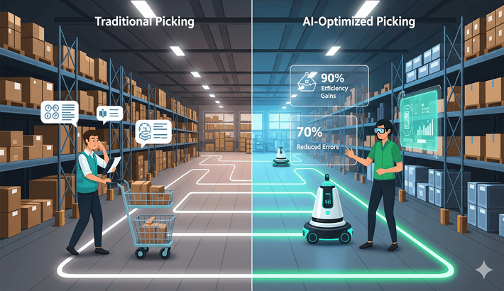 Comparison of traditional picking vs. AI-optimized picking showing route optimization, automation, and performance metrics
