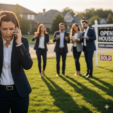 An real estate agents talking to leads over the phone and in the background a pair of couple showing gesture of question, while agents seems frustrated becuase of leads slipping away