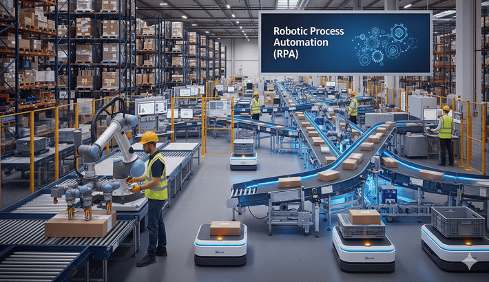 Robots, conveyors, and human workers collaborate in a modern, automated warehouse.