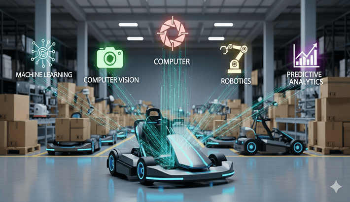 all technologies- machine learning, Computer Vision, Robotics arm, Predective Anslytics,Camera, computer giving power to warehouse-go-kart.