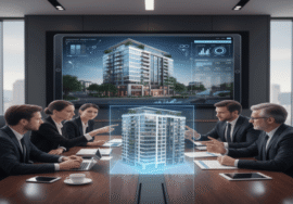 Investor discussing real estate invesment opportunity in a conference with a demonstration of a building