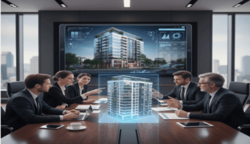 Investor discussing real estate invesment opportunity in a conference with a demonstration of a building