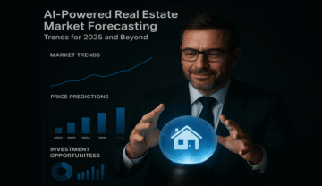 An Investor usin AI powered real estate market forecasting representing as a magic ball
