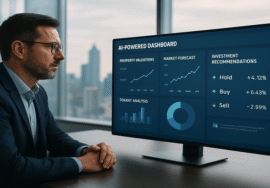 A commercial real estate professional analyzing an AI-powered dashboard with property data in a modern office.