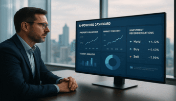A commercial real estate professional analyzing an AI-powered dashboard with property data in a modern office.