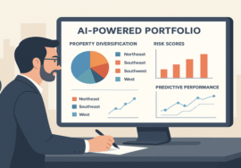 An investor reviewing an AI-powered real estate portfolio dashboard with diversification, risk, and performance metrics.