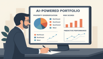 An investor reviewing an AI-powered real estate portfolio dashboard with diversification, risk, and performance metrics.