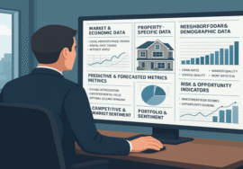 Investor analyzing predictive analytics for property investment on a large office screen.