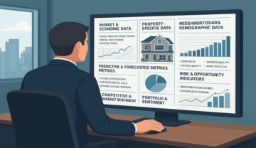 Investor analyzing predictive analytics for property investment on a large office screen.