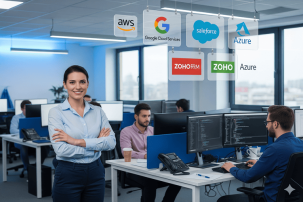 Female engineer with major platform third party service logos in the office and developer are coding.